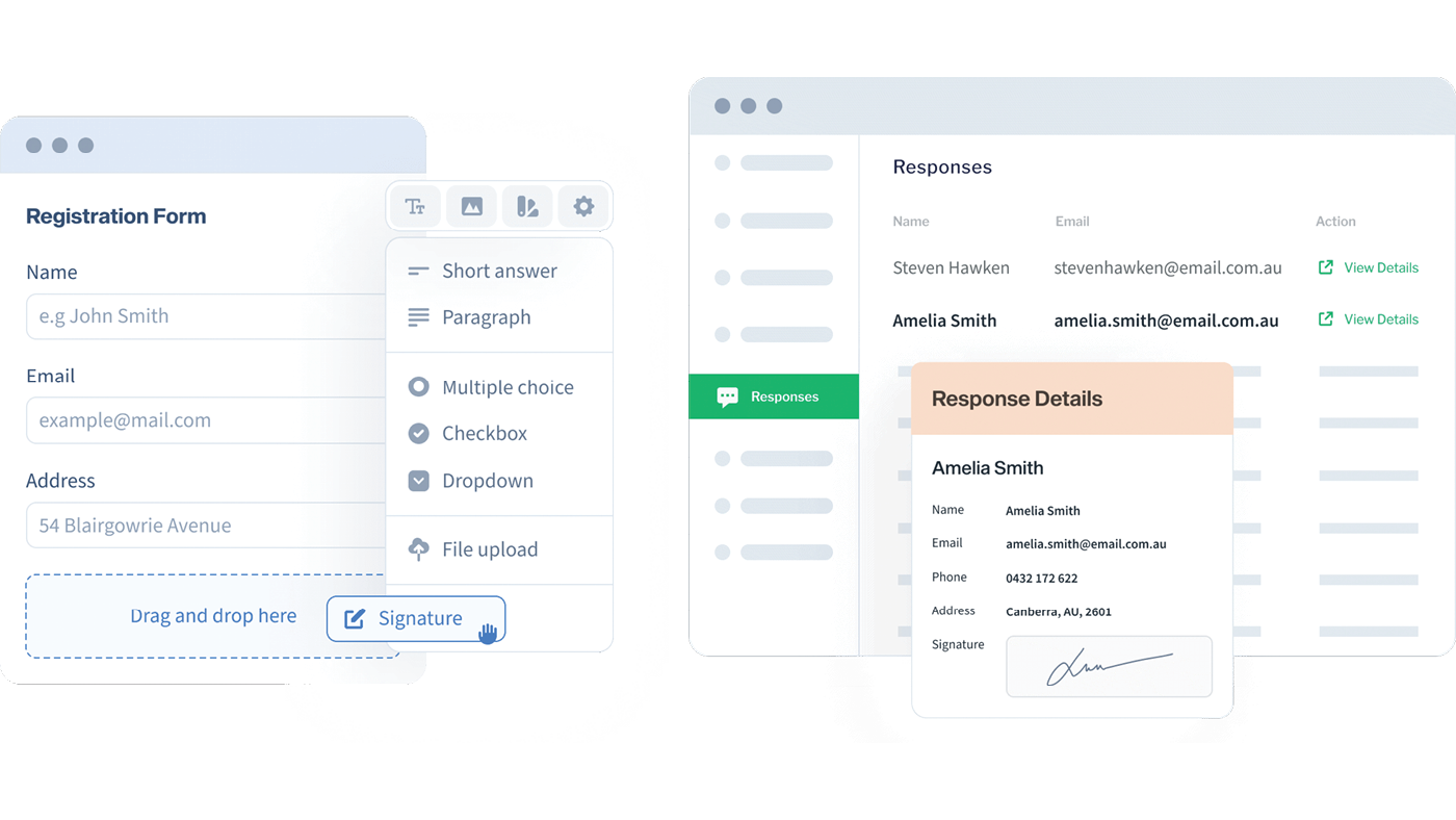 Main dashboard view of Snapforms showing a registration form and fields that can be added.