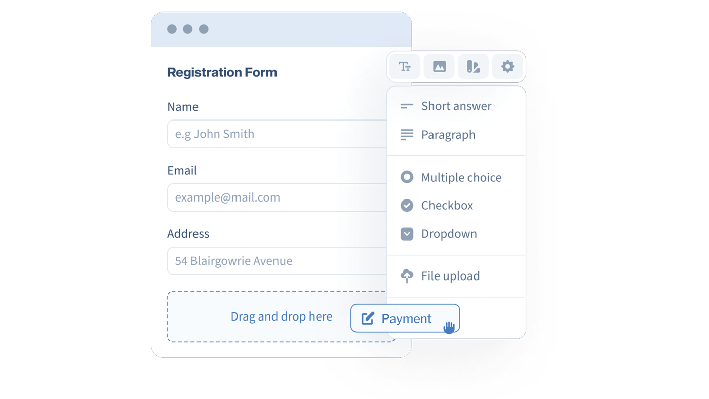 Dashboard view of adding a payments field to a registration form.