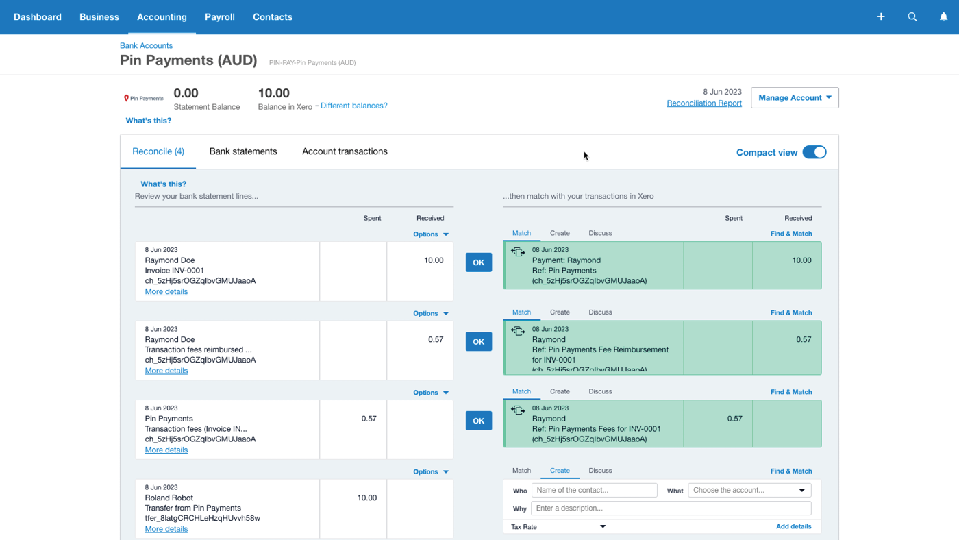 Desktop view of a Xero account. On the left are transactions received by Pin Payments and on the right is the Xero transaction list.