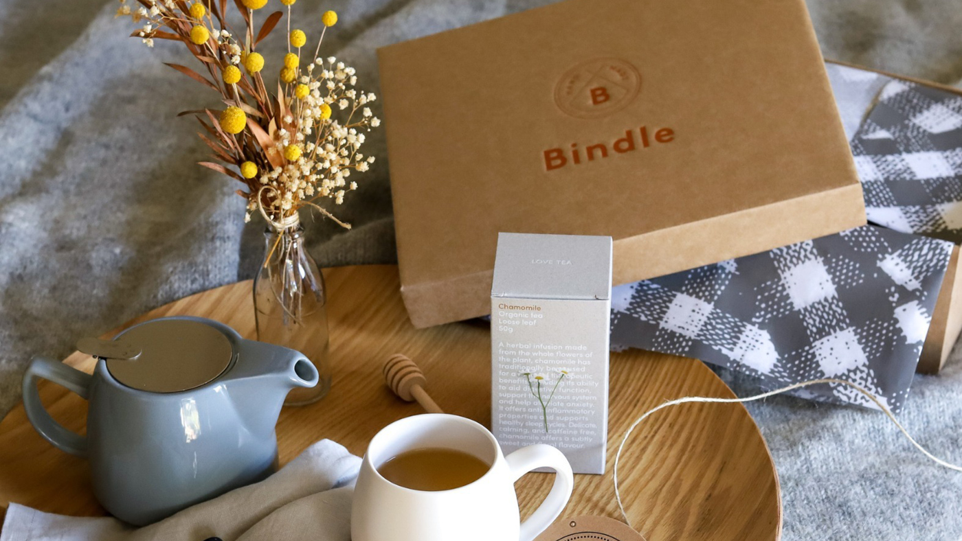 A Bindle gift box lid with a small teapot and tea cup on a tray.