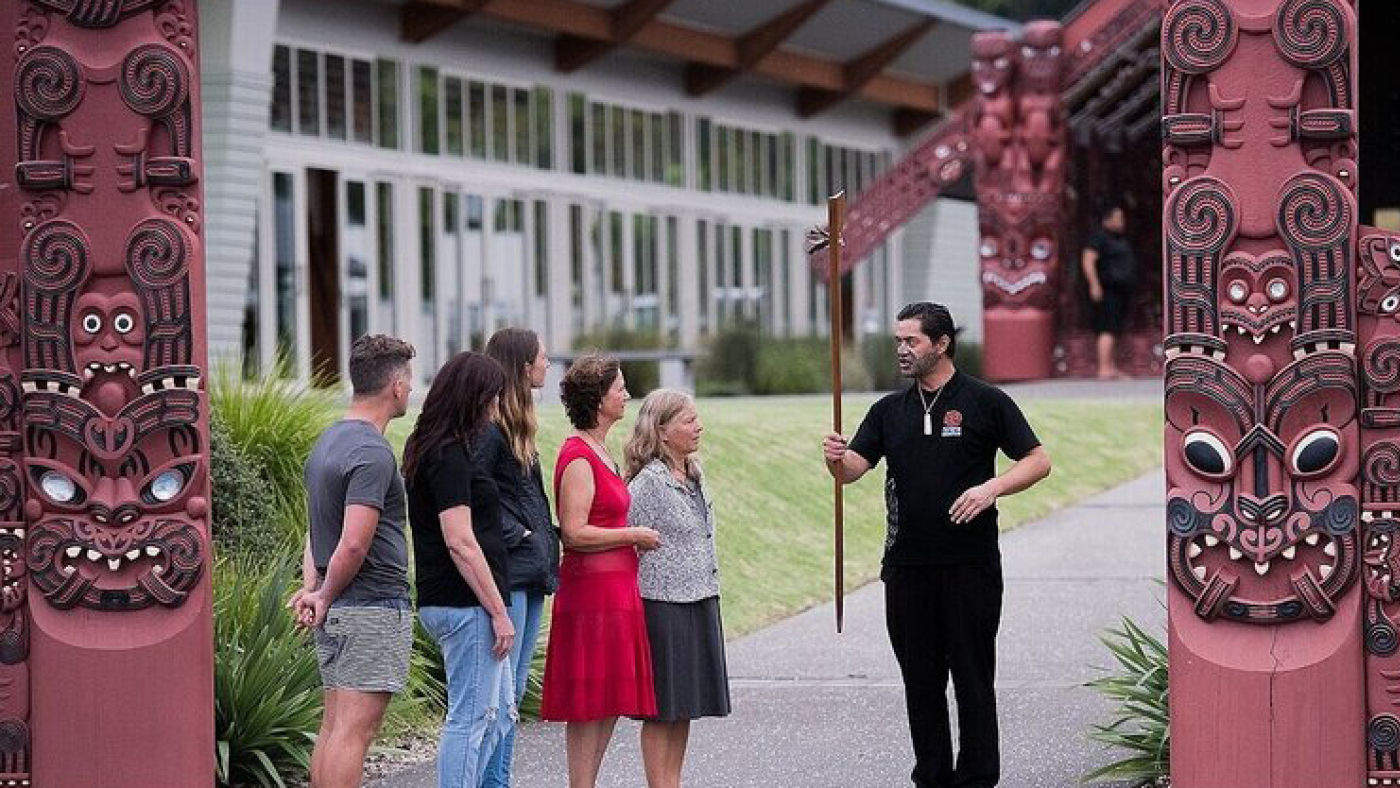 A Māori guide speaking to a group of 5 visitors at the entrance to the Māori meeting house, Mataatua Wharenui