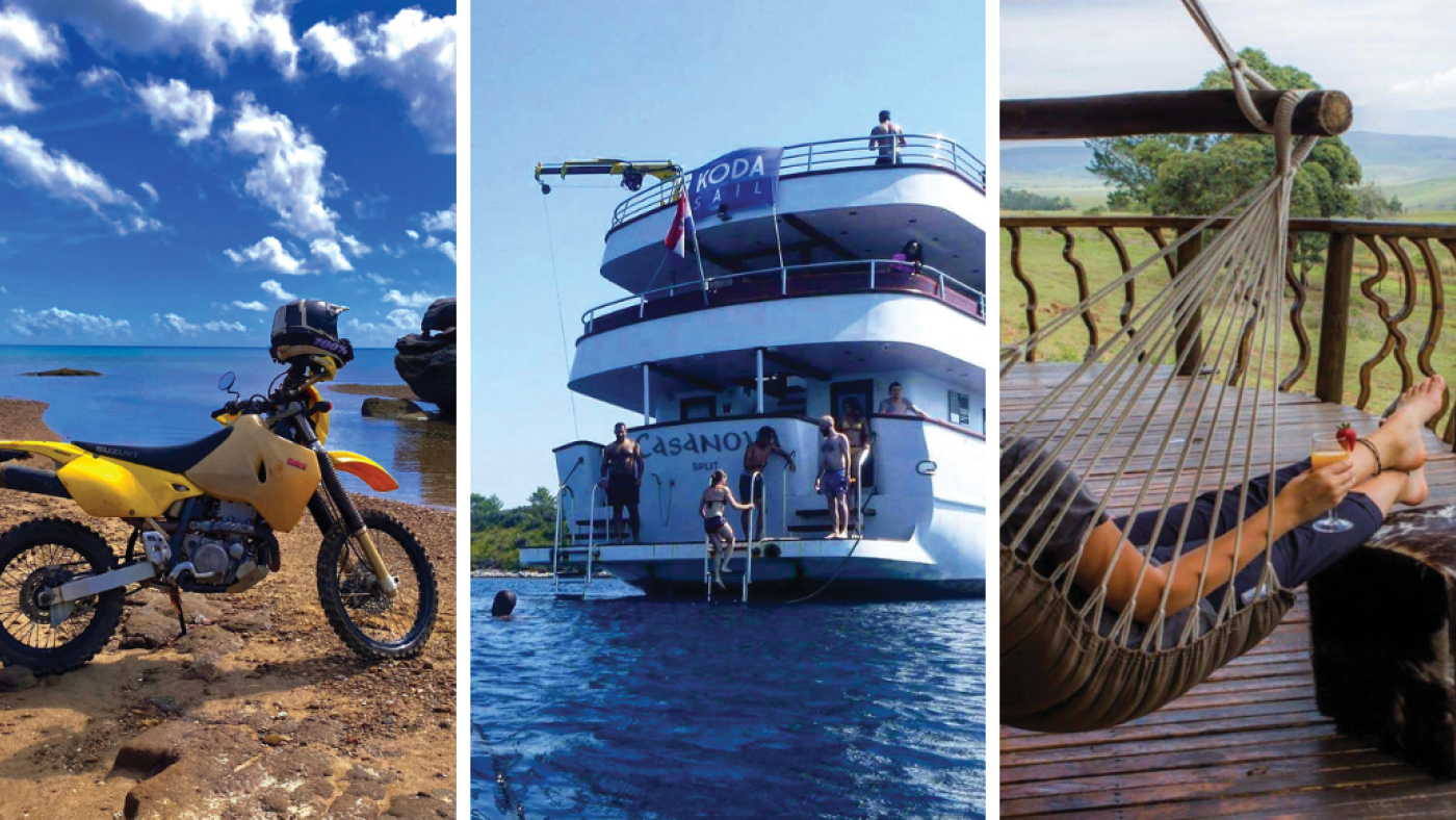 Collage of three travel destination images. Pictured left a parked yellow Cape York Motorcycle Adventures dirtbike against a backdrop of the ocean. Pictured centre a Koda Sail cruise boat anchored on the ocean with travellers swimming around it. Picttured left is a traveller relaxing in a hammock with a drink in her right hand while overlooking greenery.