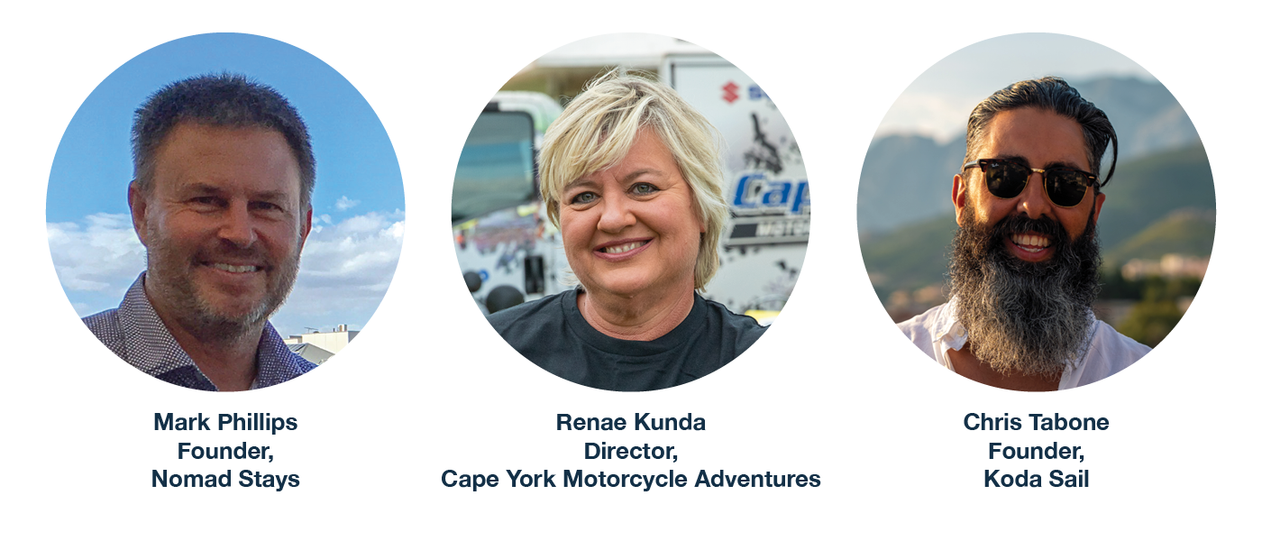 Close up images of Nomad Stays Founder Mark Phillips, Cape York Motorcycle Adventures Director Renae Kunda and Koda Sail Founder Chris Tabone.
