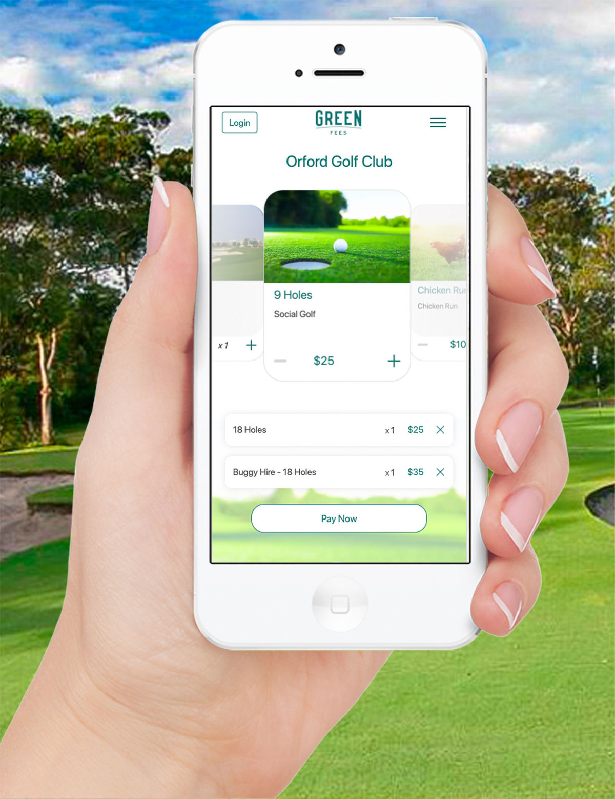 A hand holding a mobile phone that is displaying the green fees payment app.