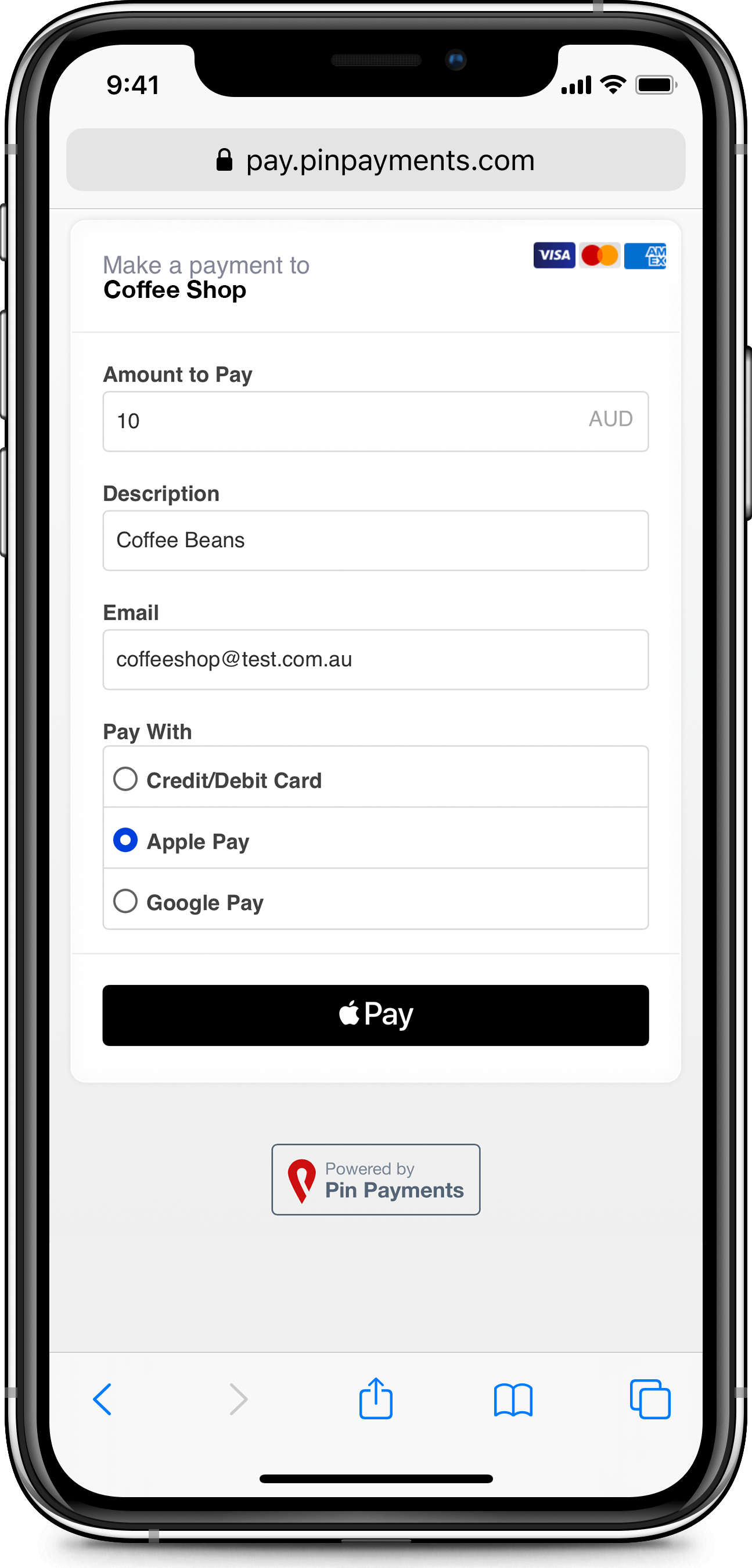 A user selects Apple Pay as their payment method using Pin Payments' Payment Page.