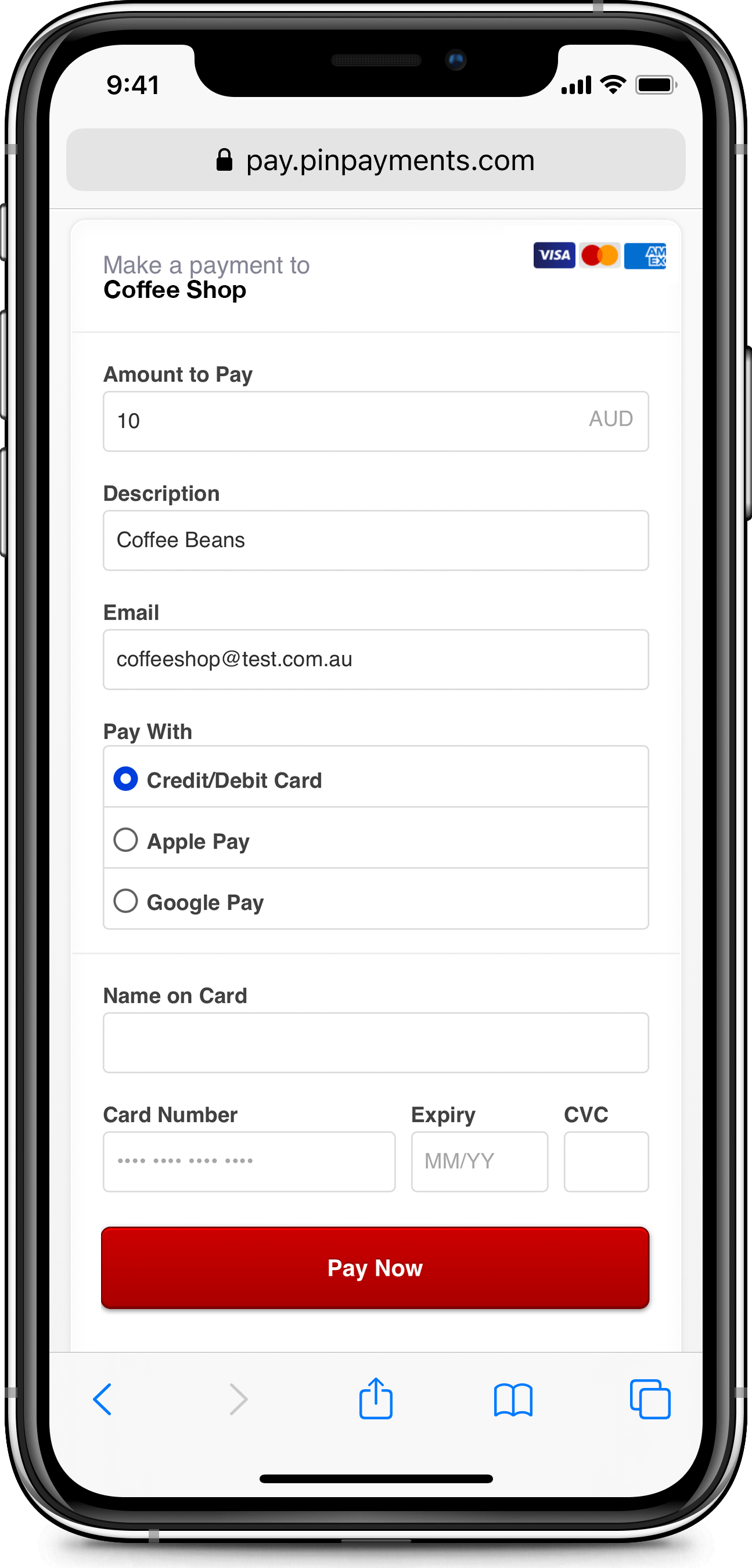 A user selects a Credit/ Debit Card as their payment option using Pin Payments' Payment Page