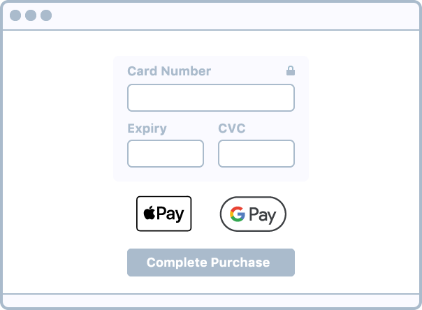 Graphic of a payment page with Apple Pay and Google Pay logos.