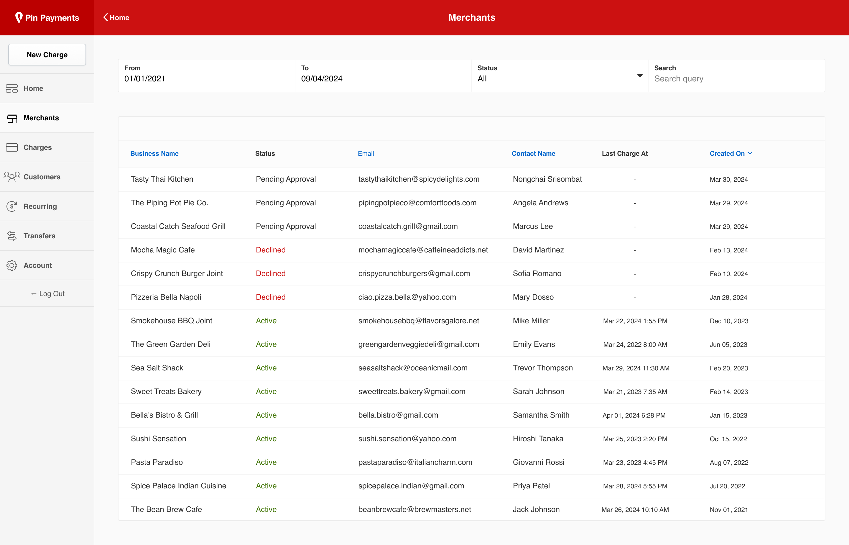 Pin Payments dashboard featuring a list of referred merchants