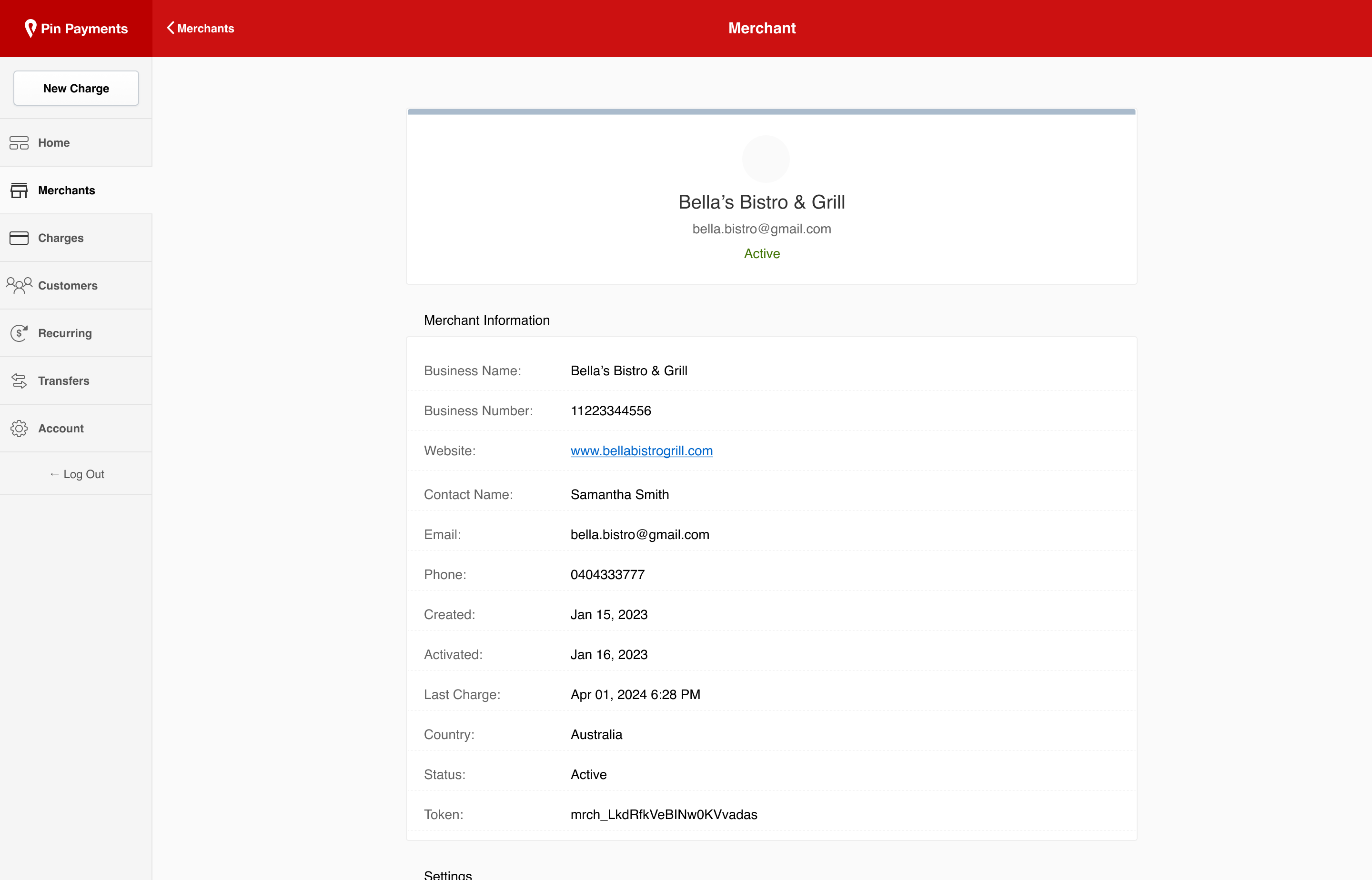 Pin Payments dashboard viewing a referred merchant