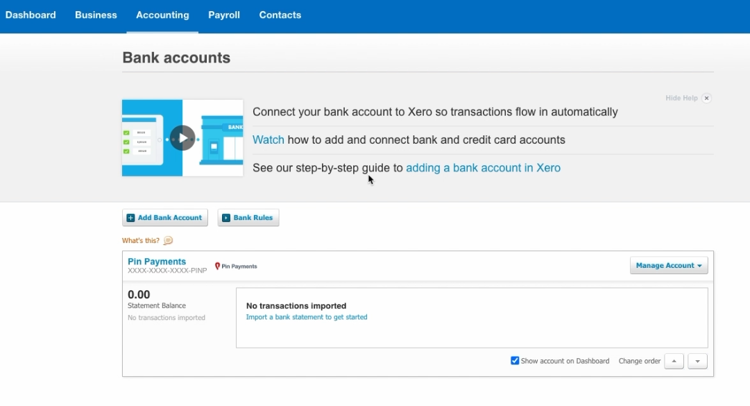 Xero Bank Account page showing Pin Payments bank feed