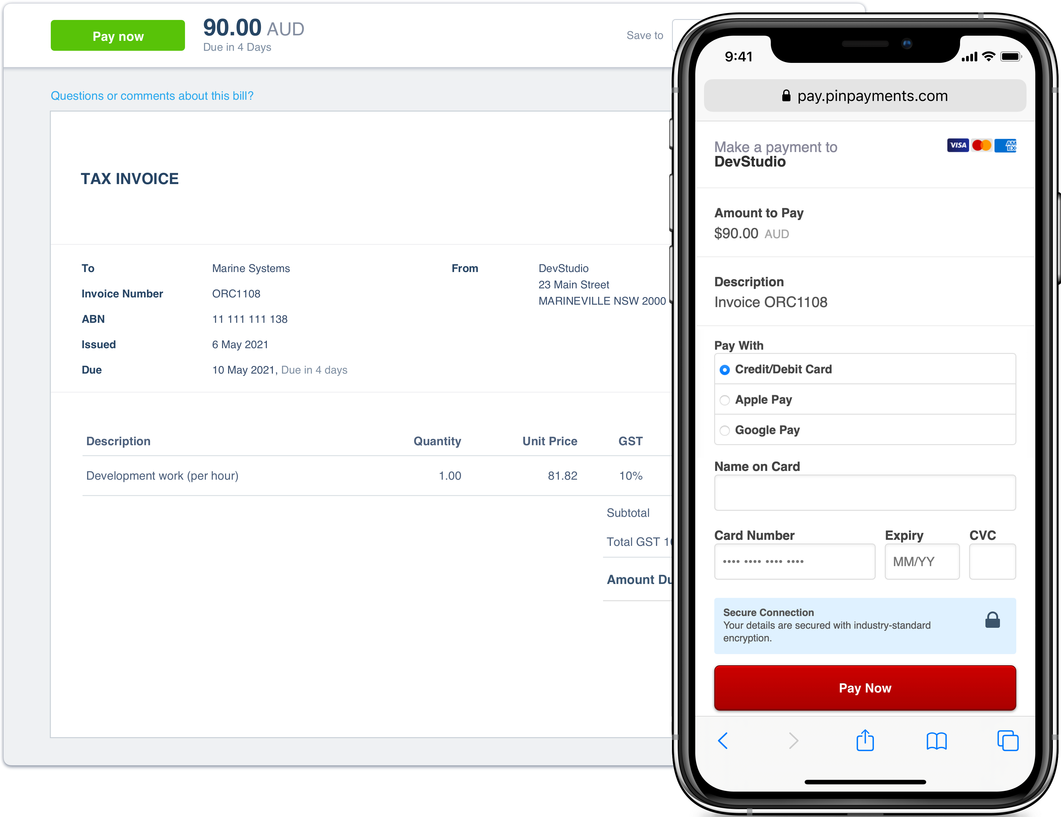 Mobile view of an invoice payment with the option to pay with a credit or debit card, Apple Pay or Google Pay.