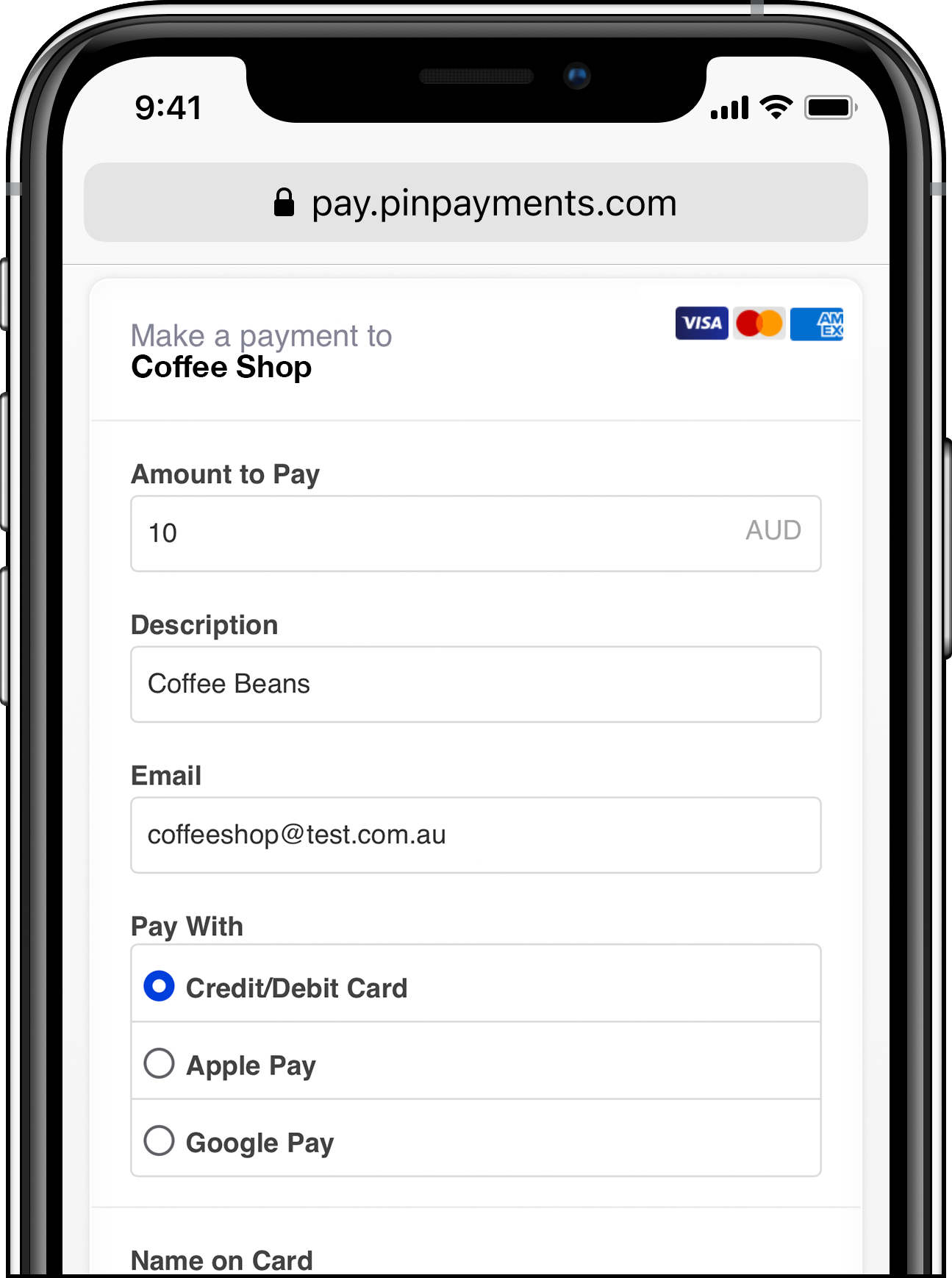 Payment page showing the option to pay with a credit or debit card, Apple Pay or Google Pay.