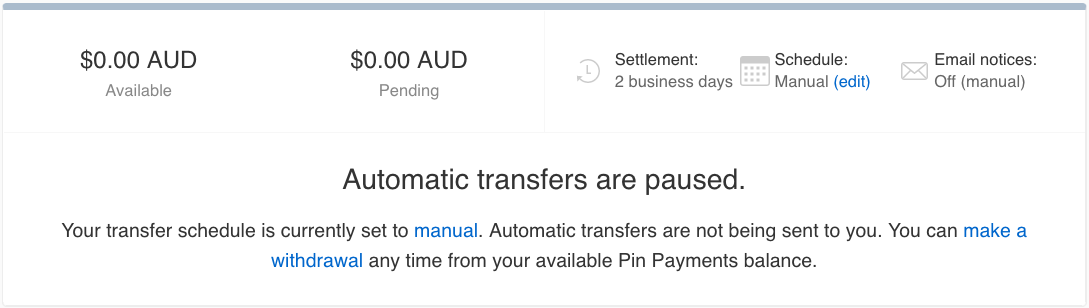 Screenshot of the Pin Payments Transfers page showing where the make a withdrawal link is located.