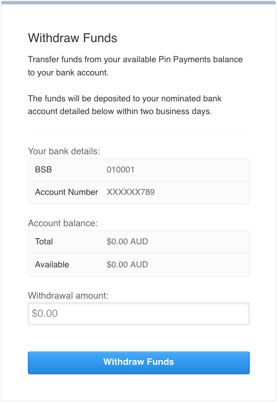 Screenshot of the Pin Payments Withdraw Funds window zoomed in.